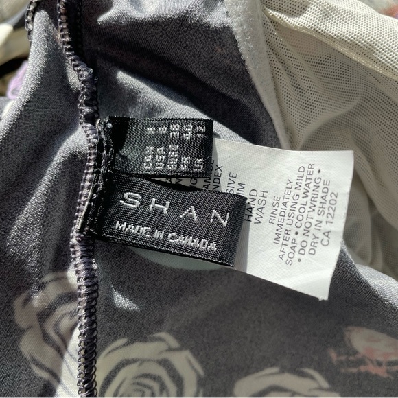 SHAN Strappy Back Rosette Tulle Trim Black Multi Rose Print One Piece Swimsuit 8 - Picture 7 of 11